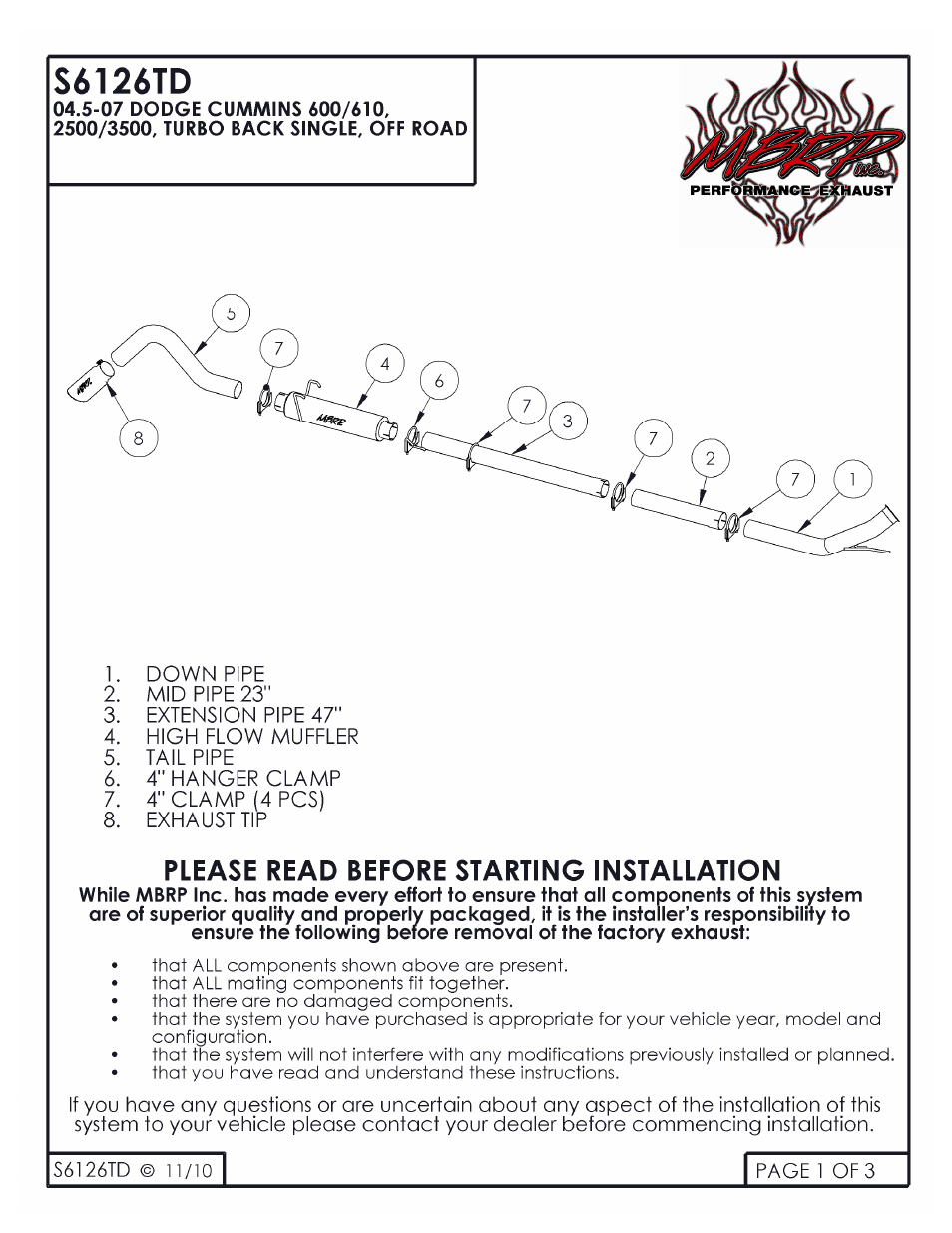 MBRP S6126TD User Manual | 3 pages