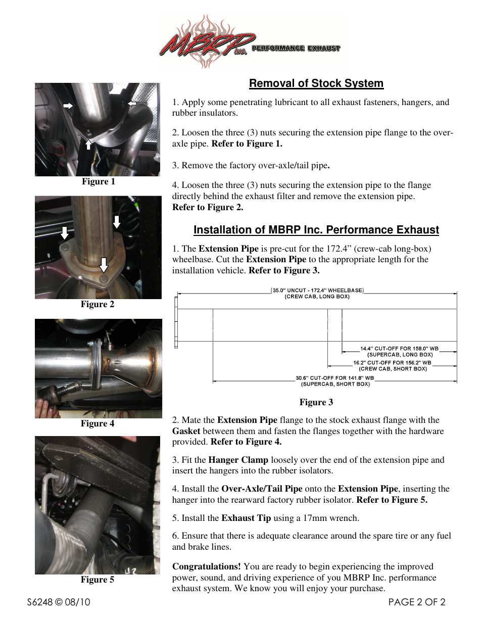 Removal of stock system, Installation of mbrp inc. performance exhaust | MBRP S6248 User Manual | Page 2 / 2