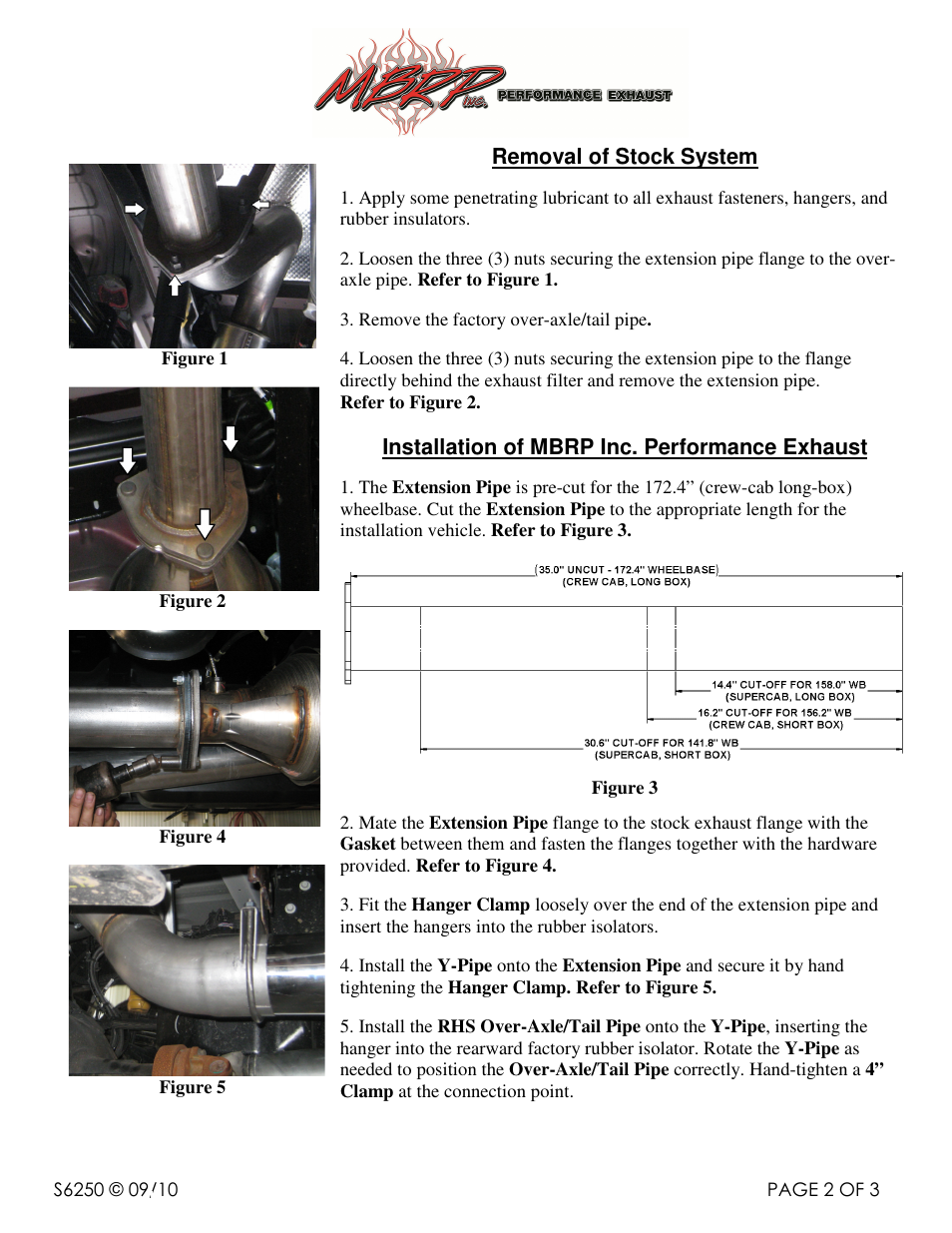 Removal of stock system, Installation of mbrp inc. performance exhaust | MBRP S6250 User Manual | Page 2 / 3