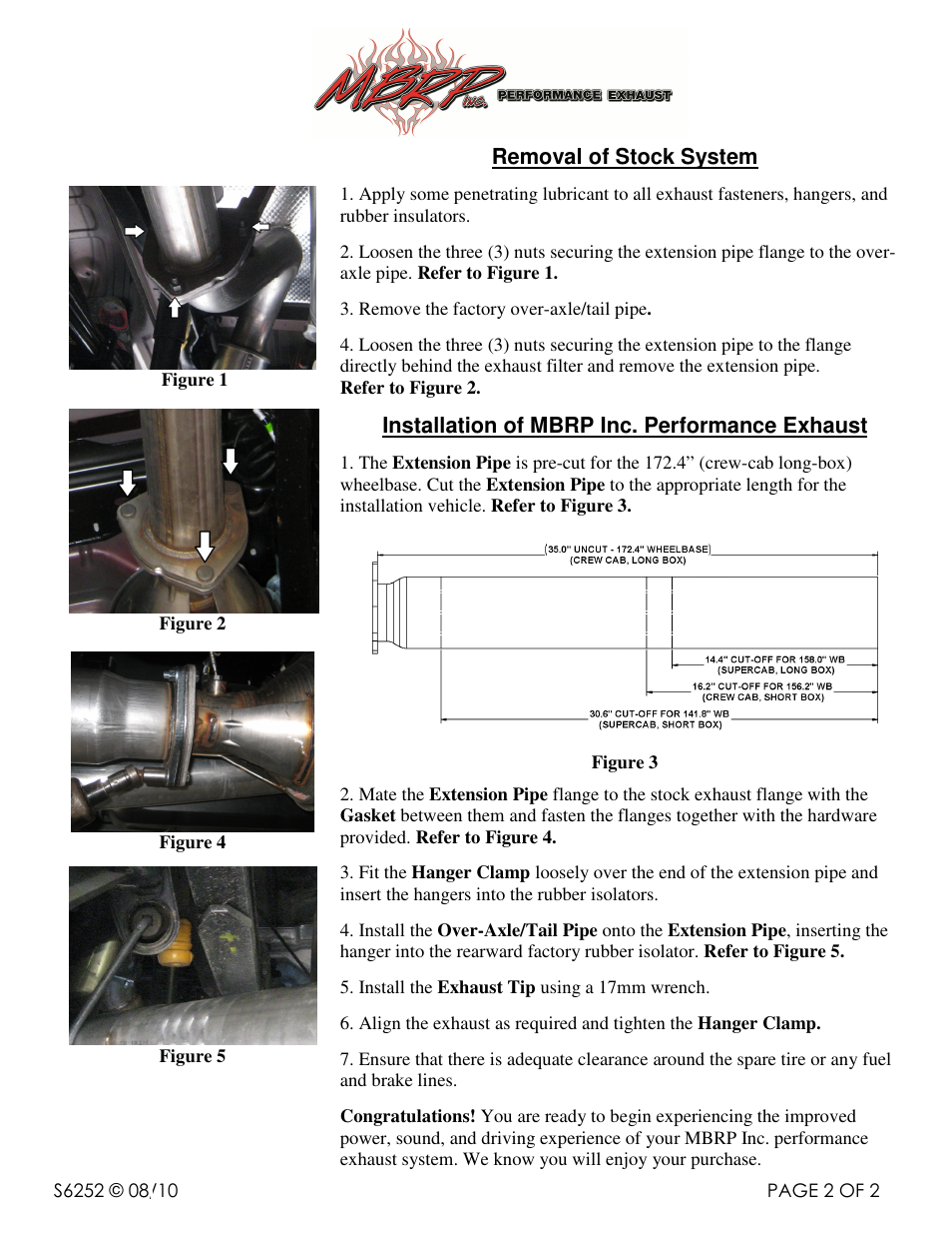 Removal of stock system, Installation of mbrp inc. performance exhaust | MBRP S6252 User Manual | Page 2 / 2