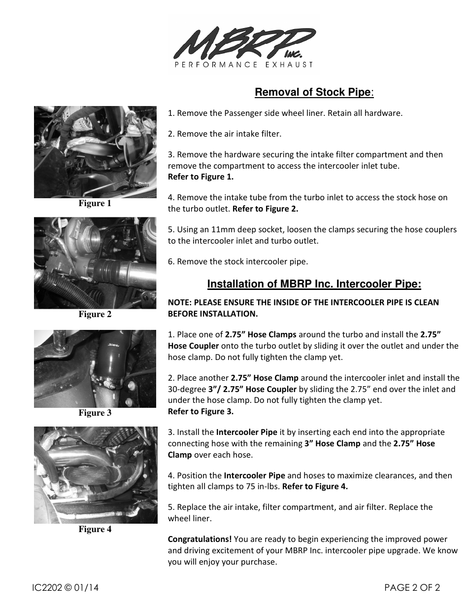 Removal of stock pipe, Installation of mbrp inc. intercooler pipe | MBRP IC2202 User Manual | Page 2 / 2