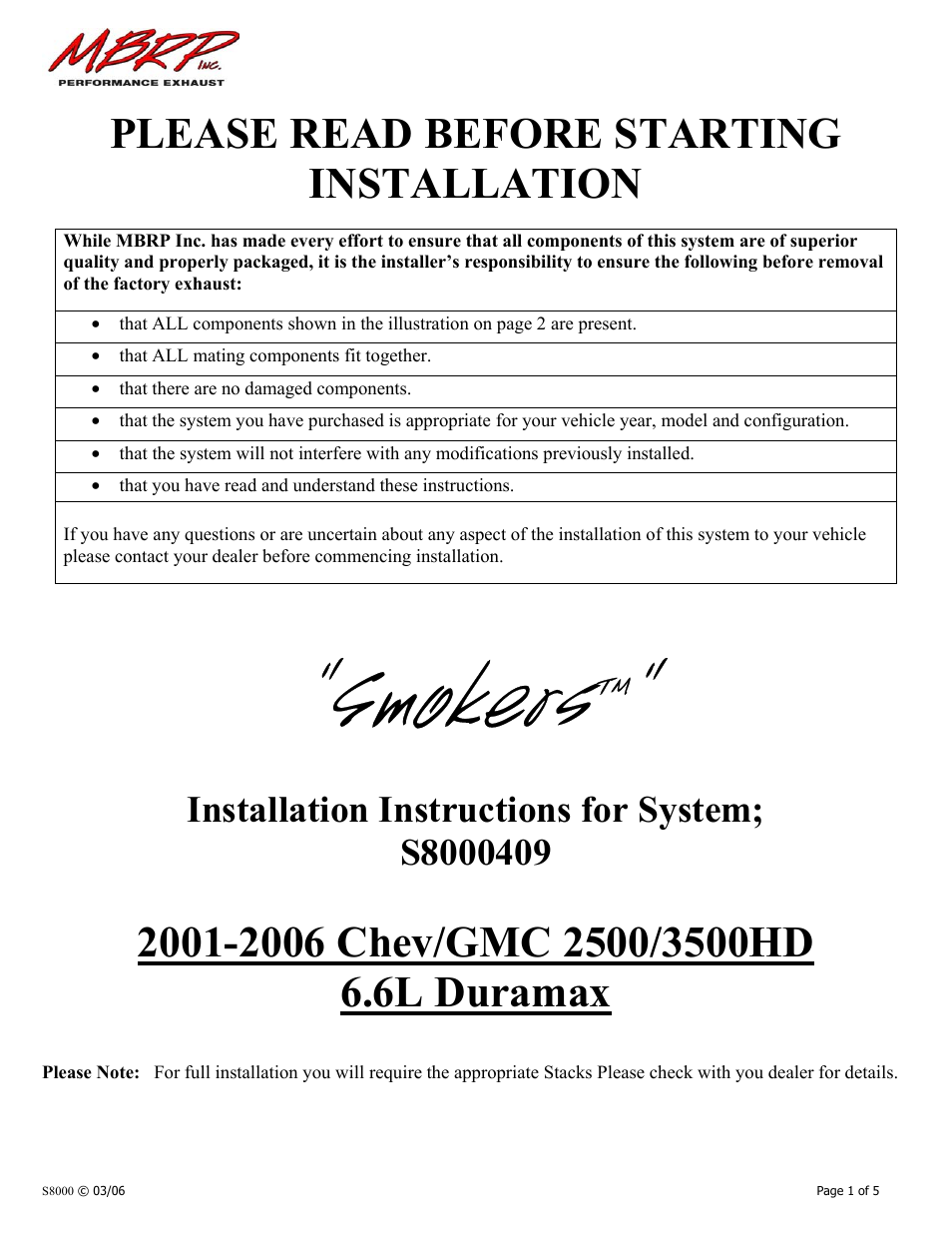 MBRP S8000 User Manual | 5 pages