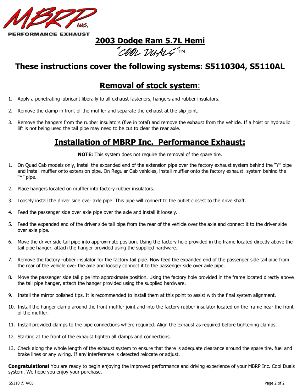 Cool duals, Installation of mbrp inc. performance exhaust | MBRP S5110 User Manual | Page 2 / 2