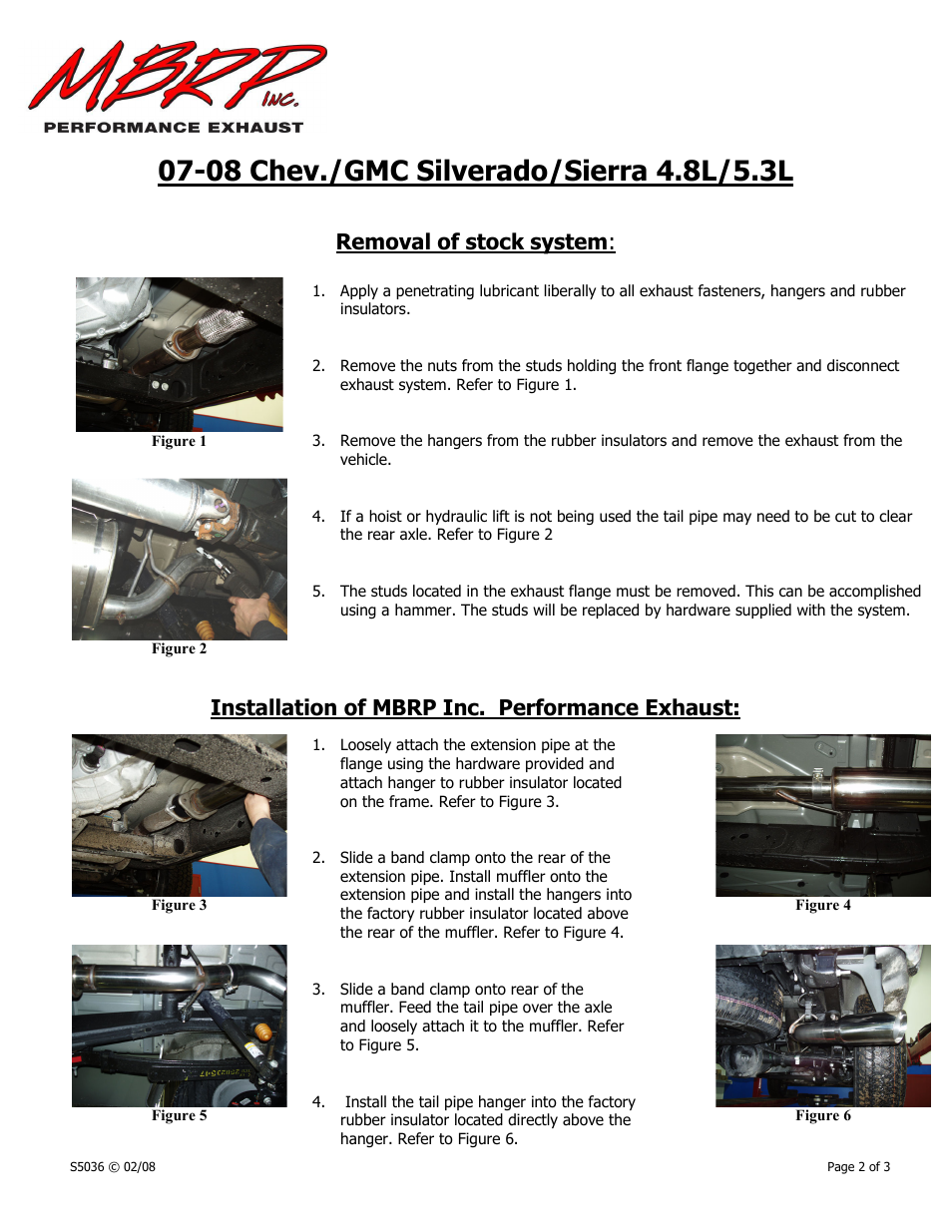 Removal of stock system, Installation of mbrp inc. performance exhaust | MBRP S5036 User Manual | Page 2 / 3