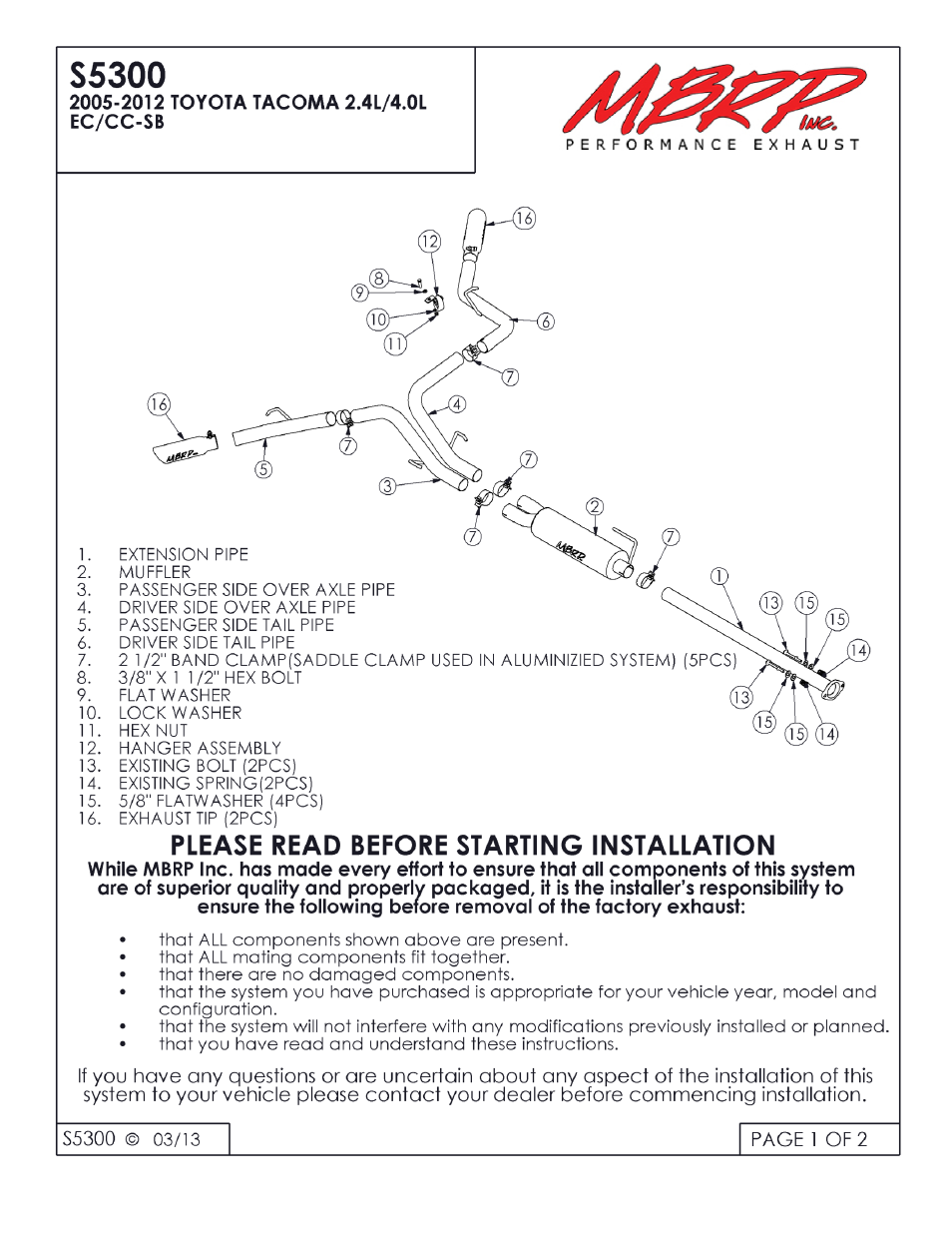 MBRP S5300 User Manual | 2 pages