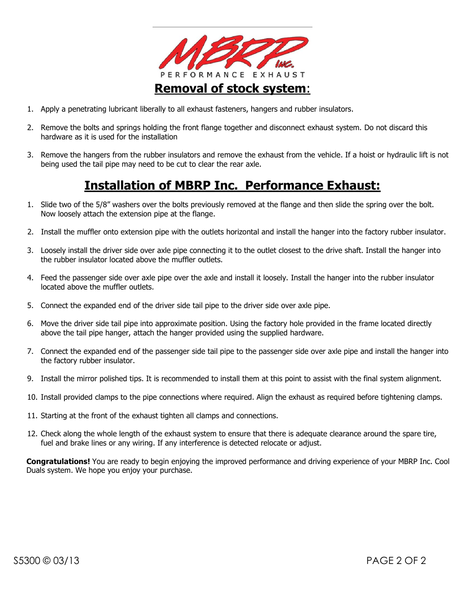 Removal of stock system, Installation of mbrp inc. performance exhaust | MBRP S5300 User Manual | Page 2 / 2
