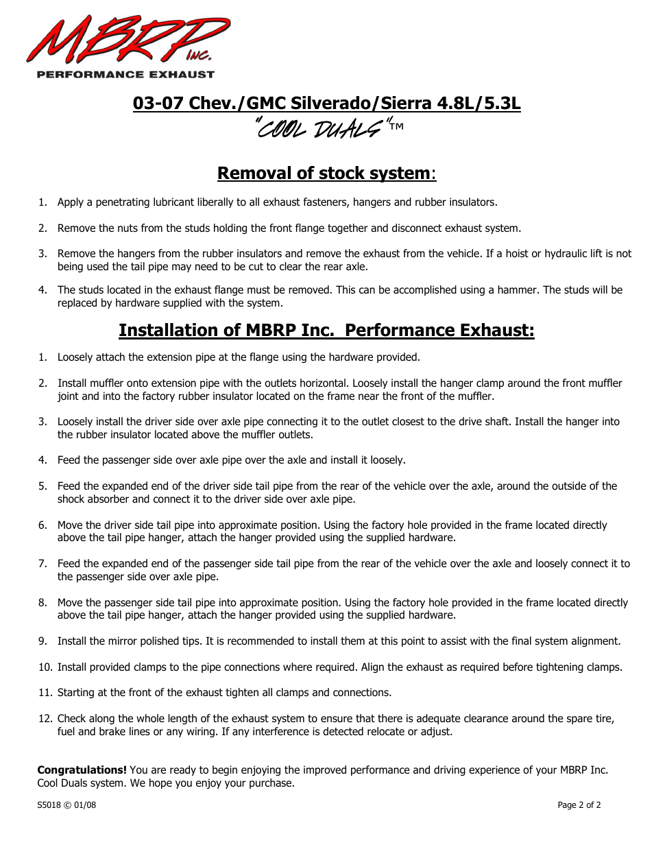 Cool duals, Removal of stock system, Installation of mbrp inc. performance exhaust | MBRP S5018 User Manual | Page 2 / 2