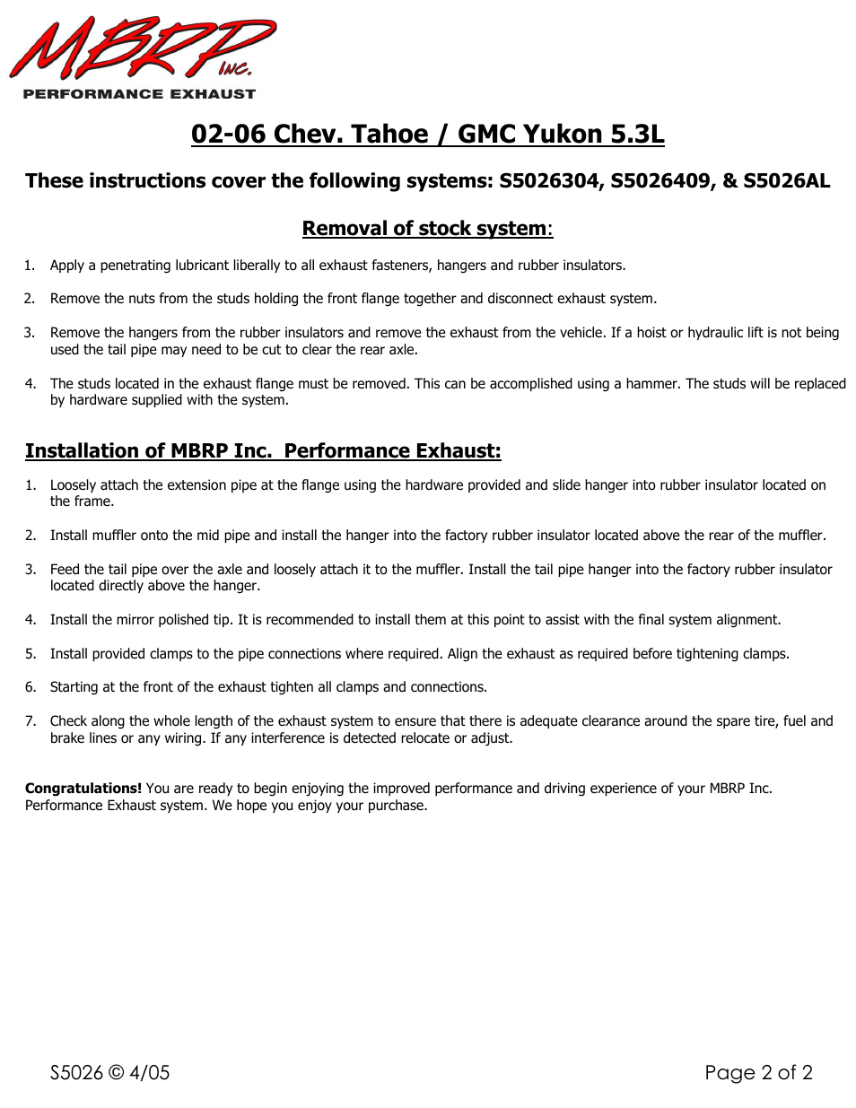 06 chev. tahoe / gmc yukon 5.3l, Installation of mbrp inc. performance exhaust | MBRP S5026 User Manual | Page 2 / 2