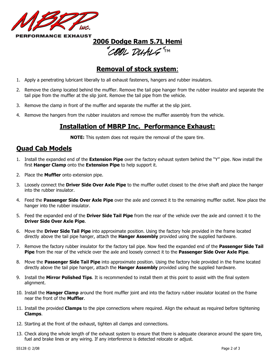 Cool duals, Removal of stock system, Installation of mbrp inc. performance exhaust | Quad cab models | MBRP S5128 User Manual | Page 2 / 3