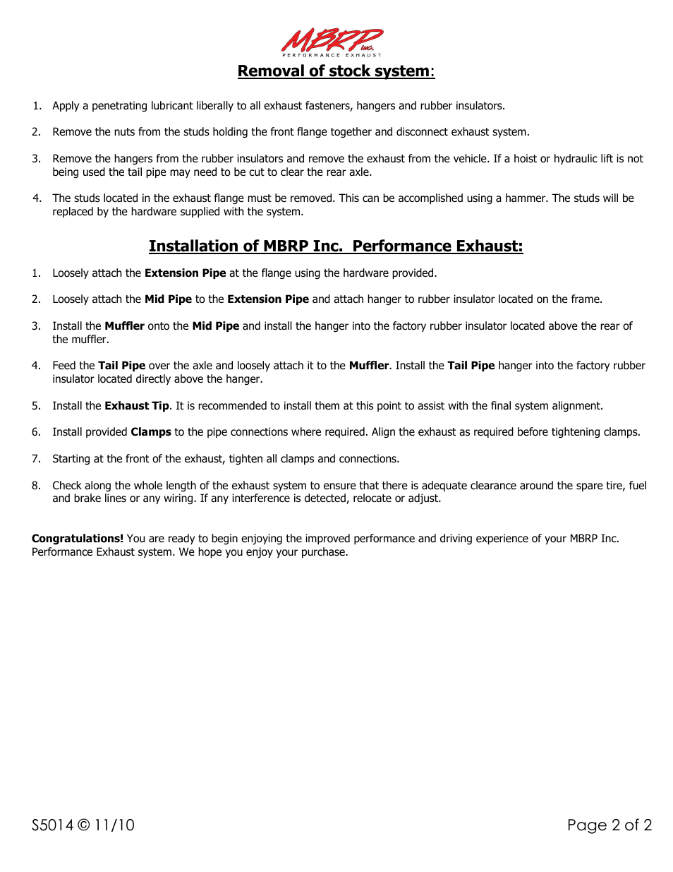 Removal of stock system, Installation of mbrp inc. performance exhaust | MBRP S5014 User Manual | Page 2 / 2