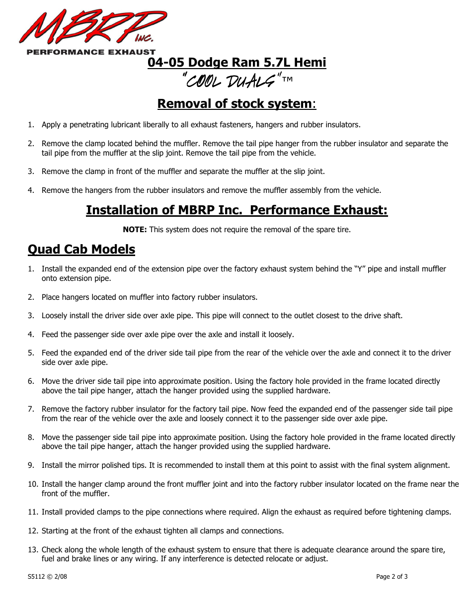 Cool duals, 05 dodge ram 5.7l hemi, Removal of stock system | Installation of mbrp inc. performance exhaust, Quad cab models | MBRP S5112 User Manual | Page 2 / 3
