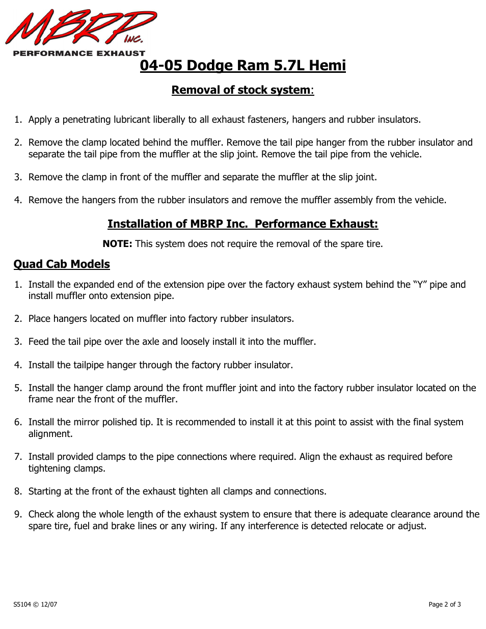 05 dodge ram 5.7l hemi, Removal of stock system, Installation of mbrp inc. performance exhaust | Quad cab models | MBRP S5104 User Manual | Page 2 / 3