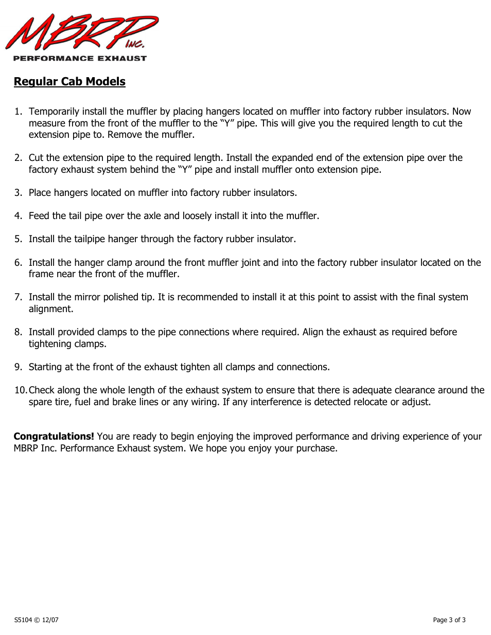 Regular cab models | MBRP S5104 User Manual | Page 3 / 3