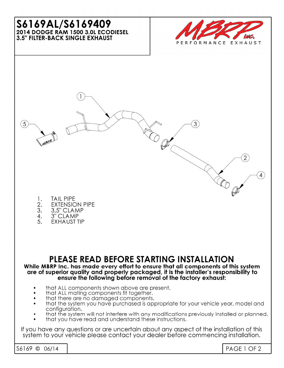 MBRP S6169 User Manual | 2 pages