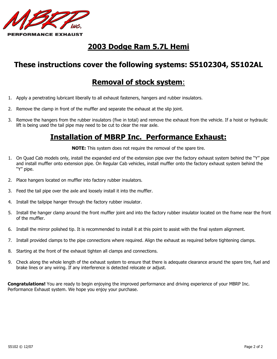 Installation of mbrp inc. performance exhaust | MBRP S5102 User Manual | Page 2 / 2