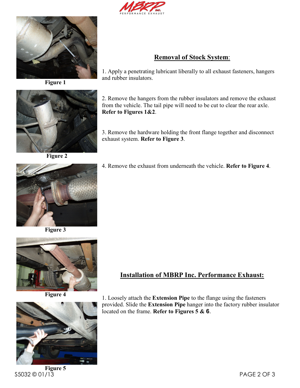 Removal of stock system, Installation of mbrp inc. performance exhaust | MBRP S5032 User Manual | Page 2 / 3