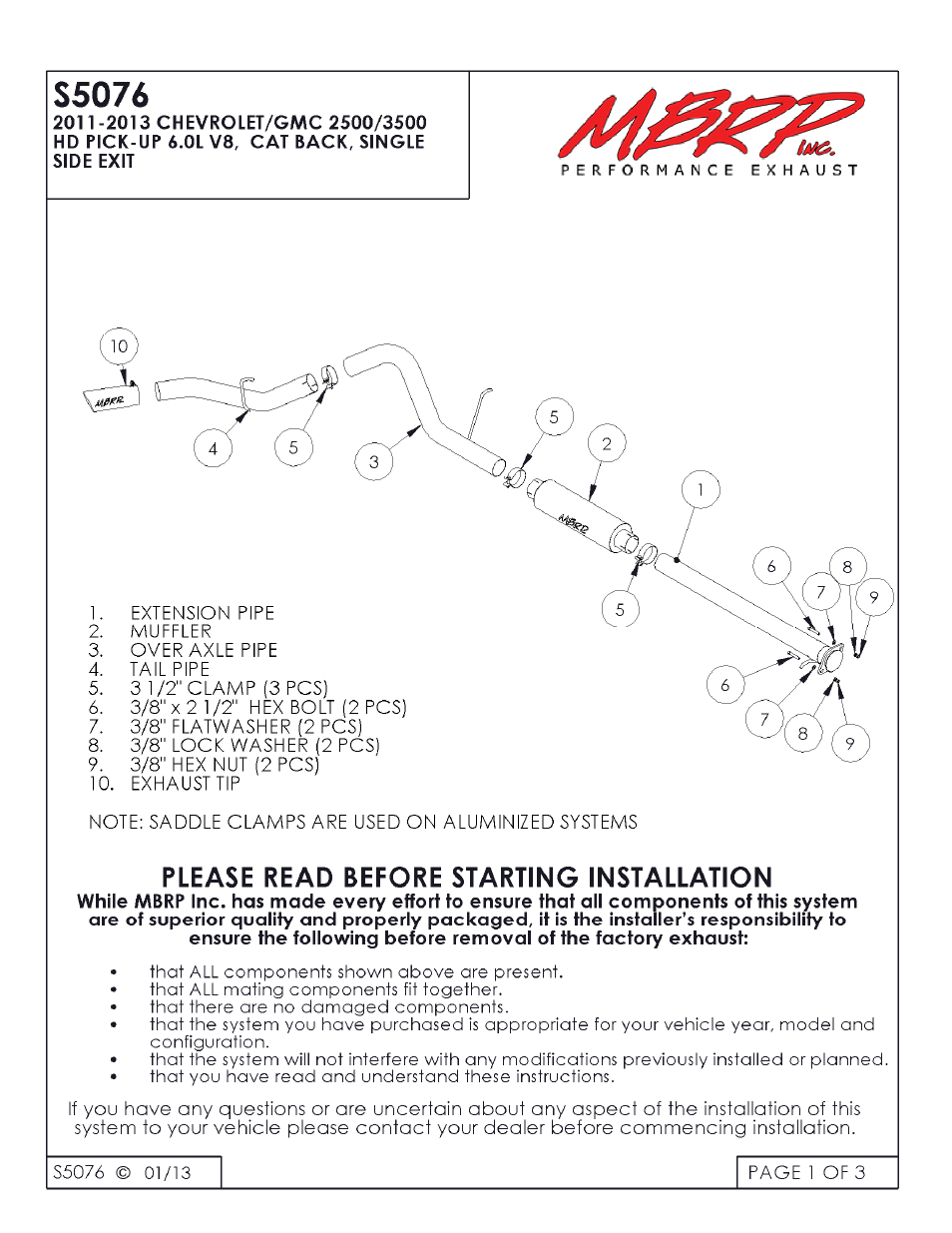 MBRP S5076 User Manual | 3 pages