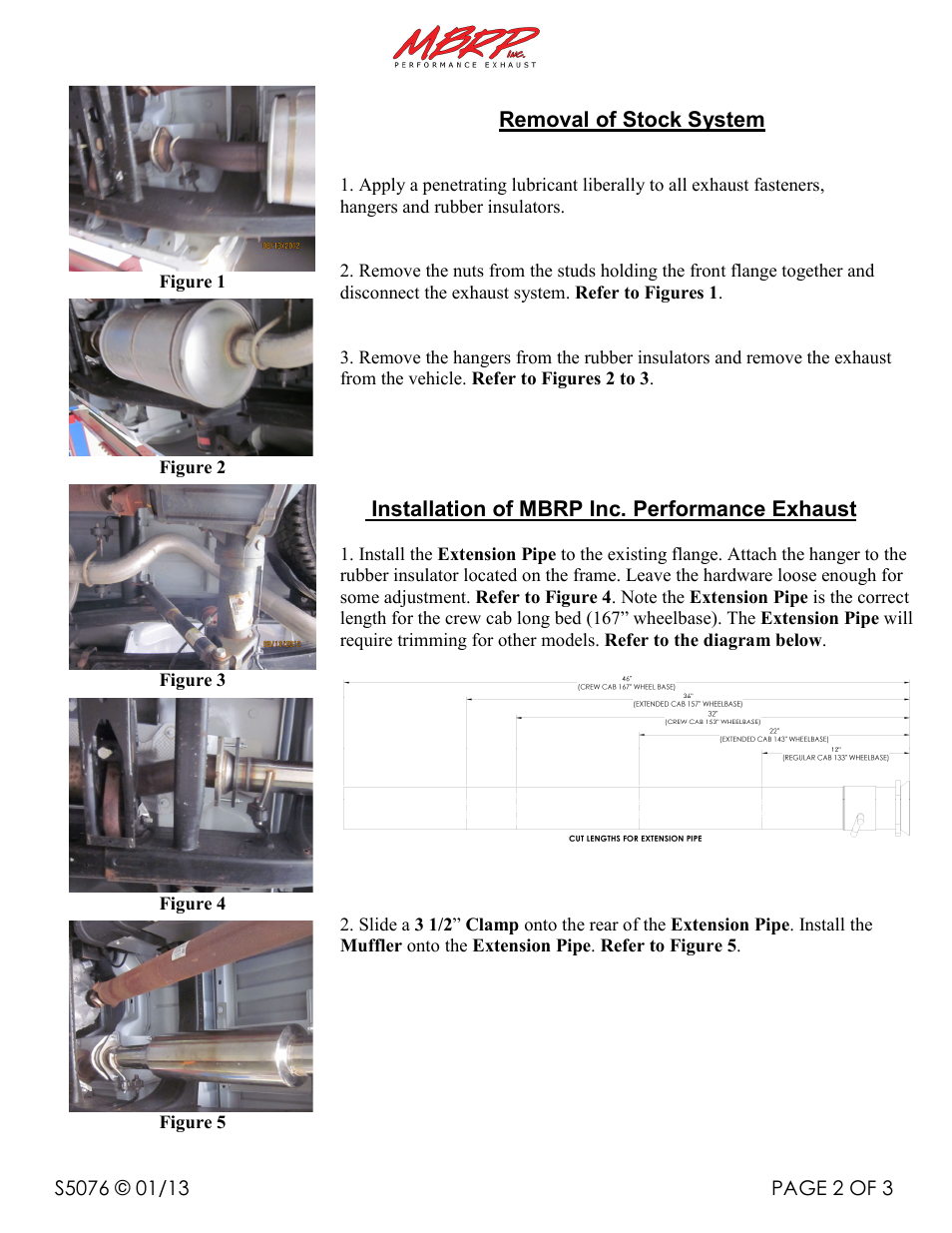 Removal of stock system, Installation of mbrp inc. performance exhaust | MBRP S5076 User Manual | Page 2 / 3