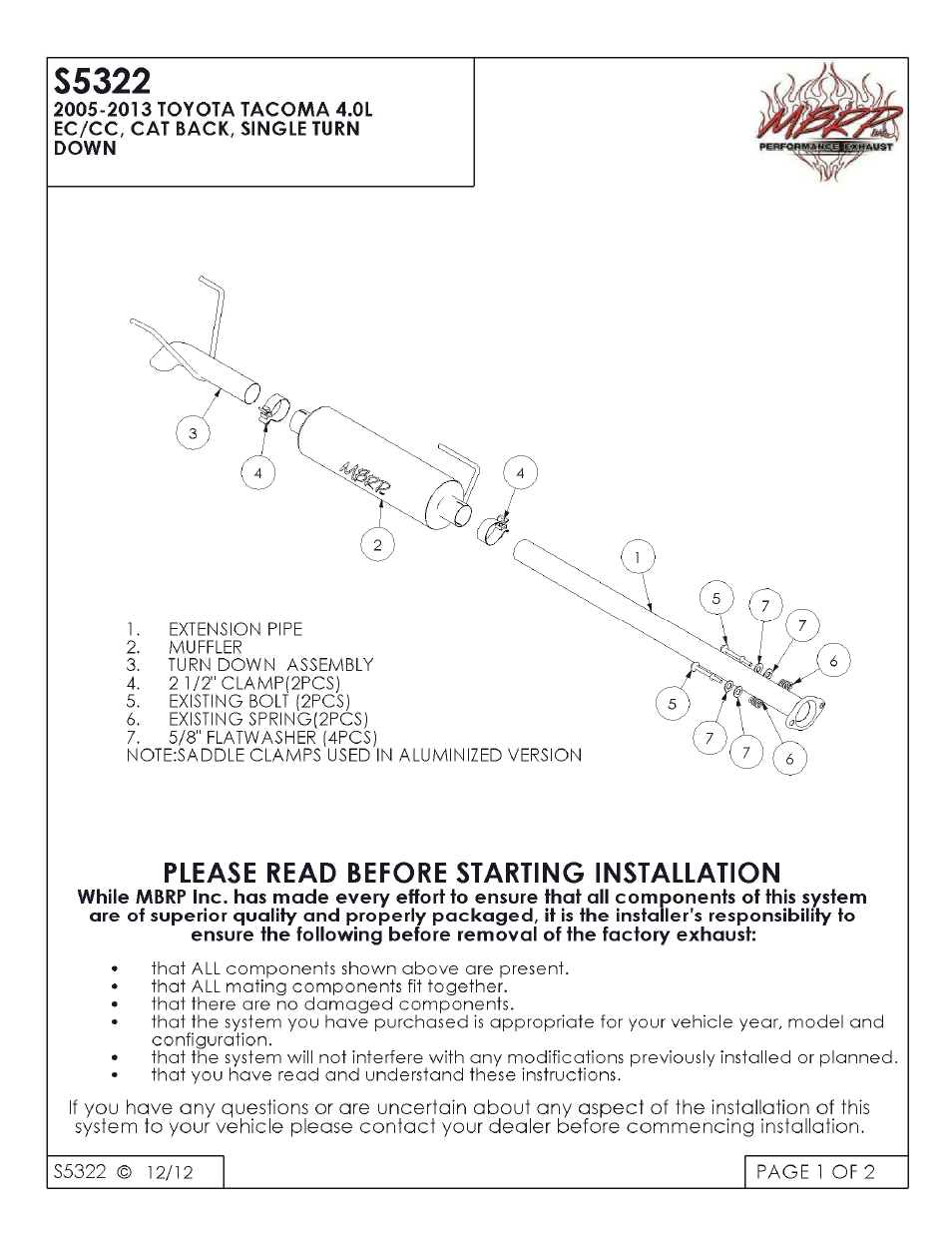 MBRP S5322 User Manual | 2 pages