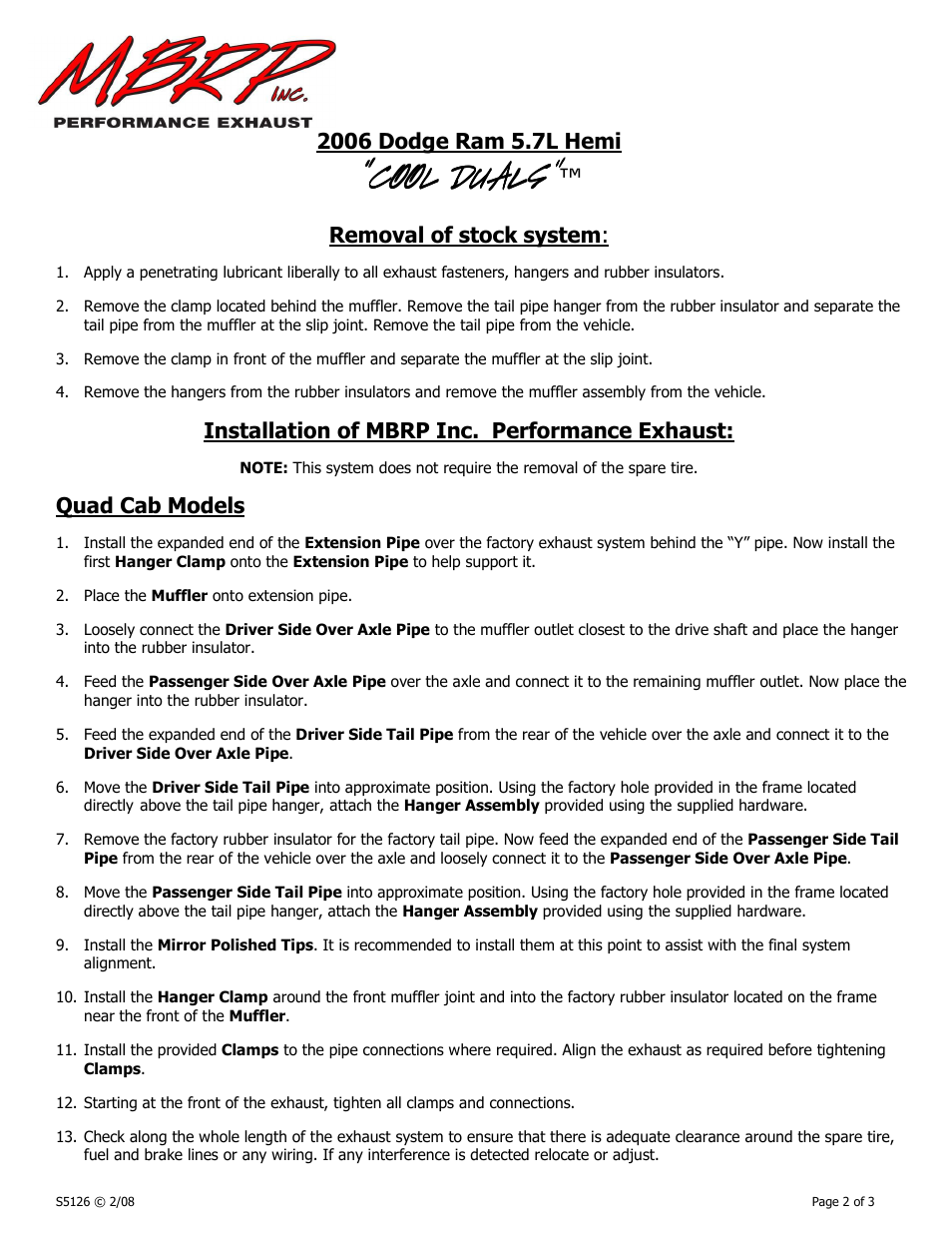 Cool duals, Removal of stock system, Installation of mbrp inc. performance exhaust | Quad cab models | MBRP S5126 User Manual | Page 2 / 3
