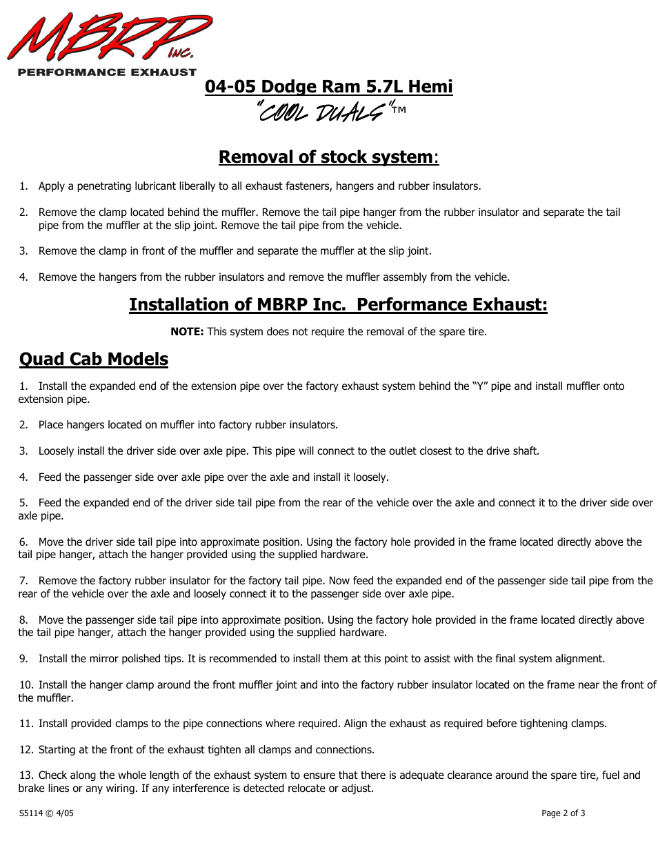 Cool duals, 05 dodge ram 5.7l hemi, Removal of stock system | Installation of mbrp inc. performance exhaust, Quad cab models | MBRP S5114 User Manual | Page 2 / 3