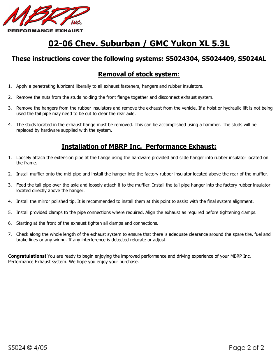 06 chev. suburban / gmc yukon xl 5.3l, Installation of mbrp inc. performance exhaust | MBRP S5024 User Manual | Page 2 / 2