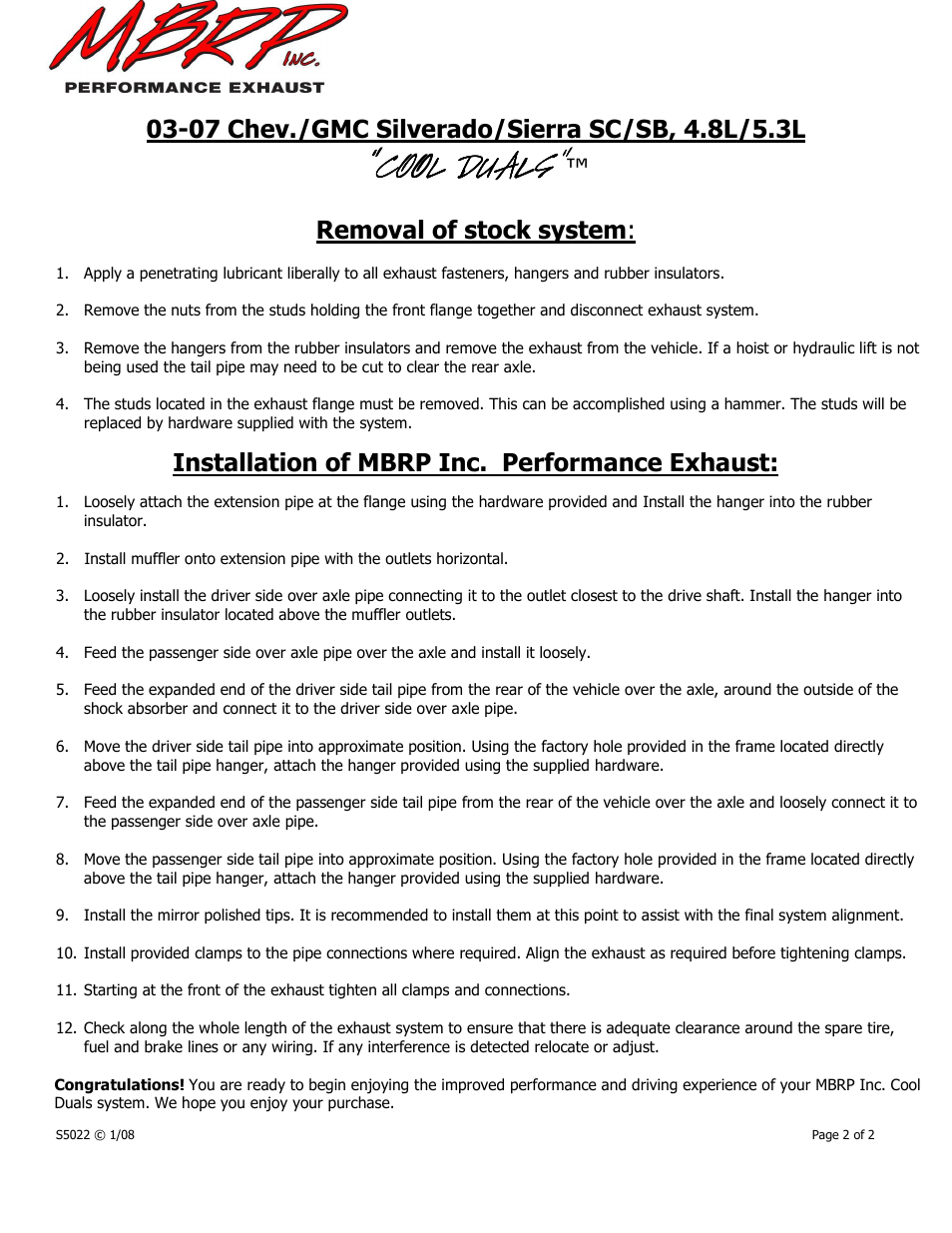 Cool duals, Removal of stock system, Installation of mbrp inc. performance exhaust | MBRP S5022 User Manual | Page 2 / 2