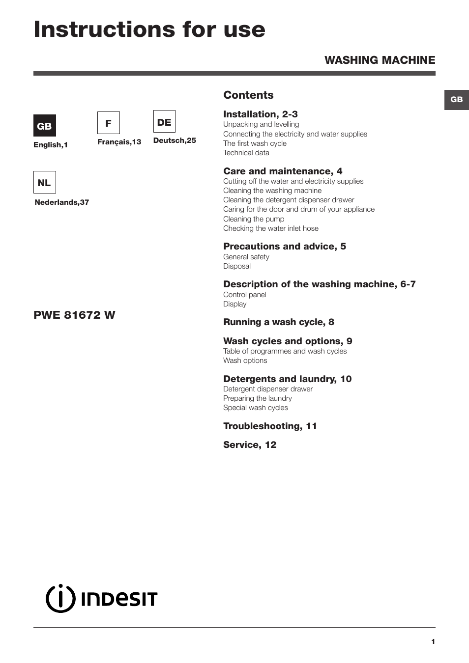 Indesit PWE 81672 W User Manual | 48 pages