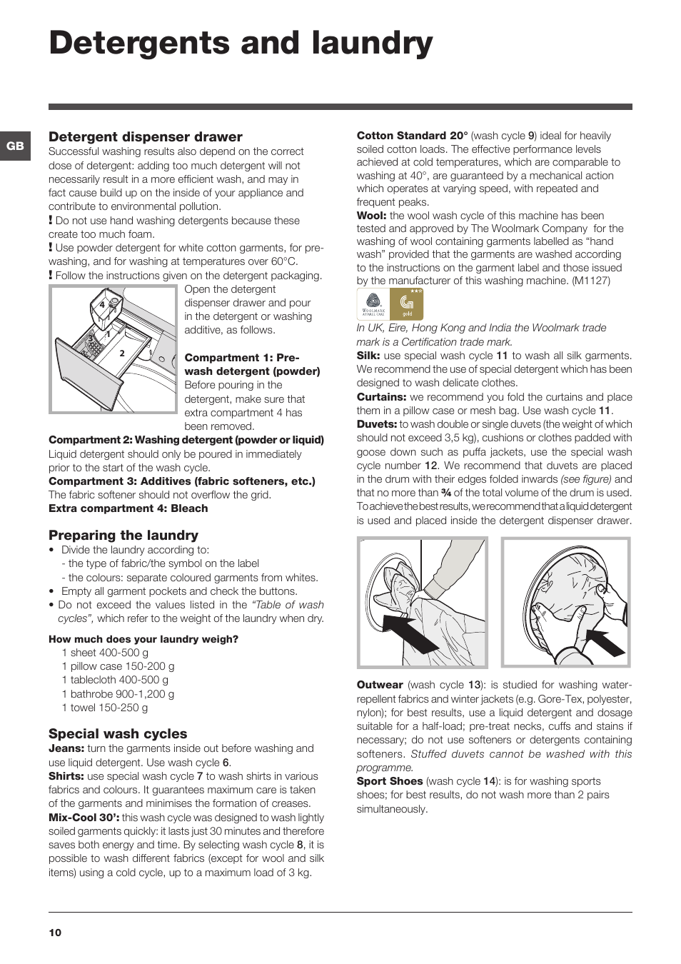 Detergents and laundry | Indesit PWE 81672 W User Manual | Page 10 / 48