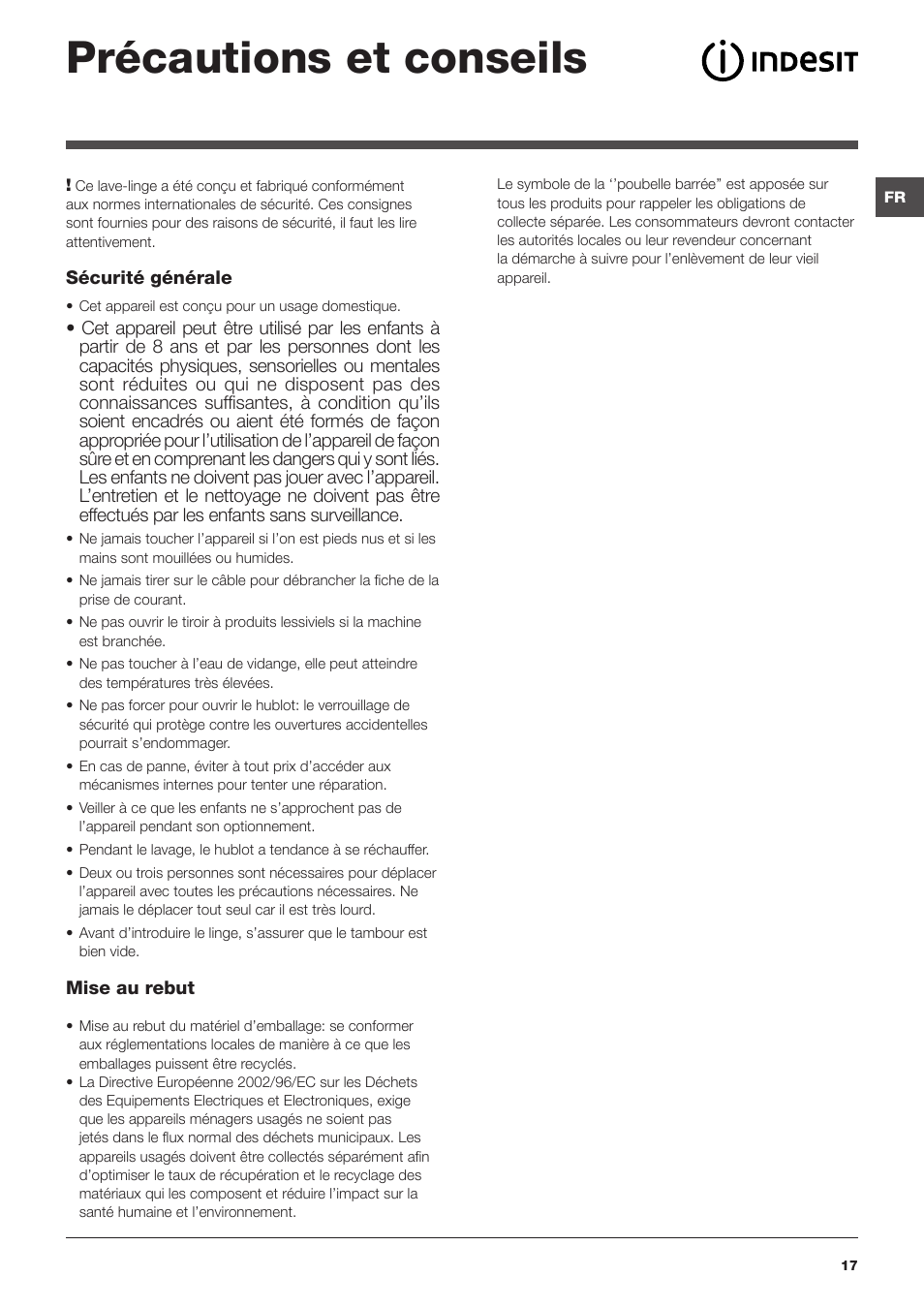 Précautions et conseils | Indesit PWE 81672 W User Manual | Page 17 / 48