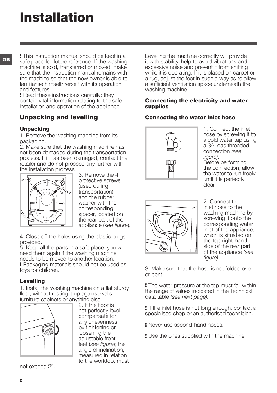 Installation | Indesit PWE 81672 W User Manual | Page 2 / 48