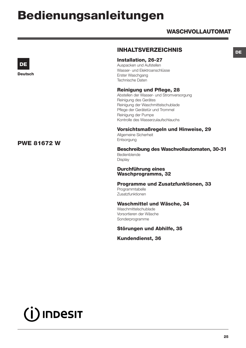 Bedienungsanleitungen | Indesit PWE 81672 W User Manual | Page 25 / 48