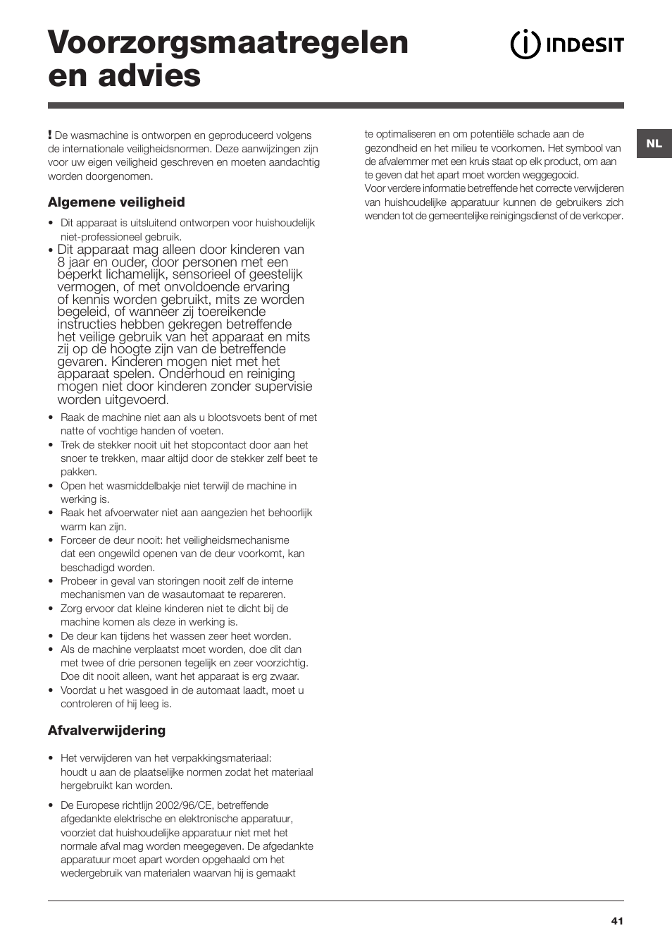 Voorzorgsmaatregelen en advies | Indesit PWE 81672 W User Manual | Page 41 / 48