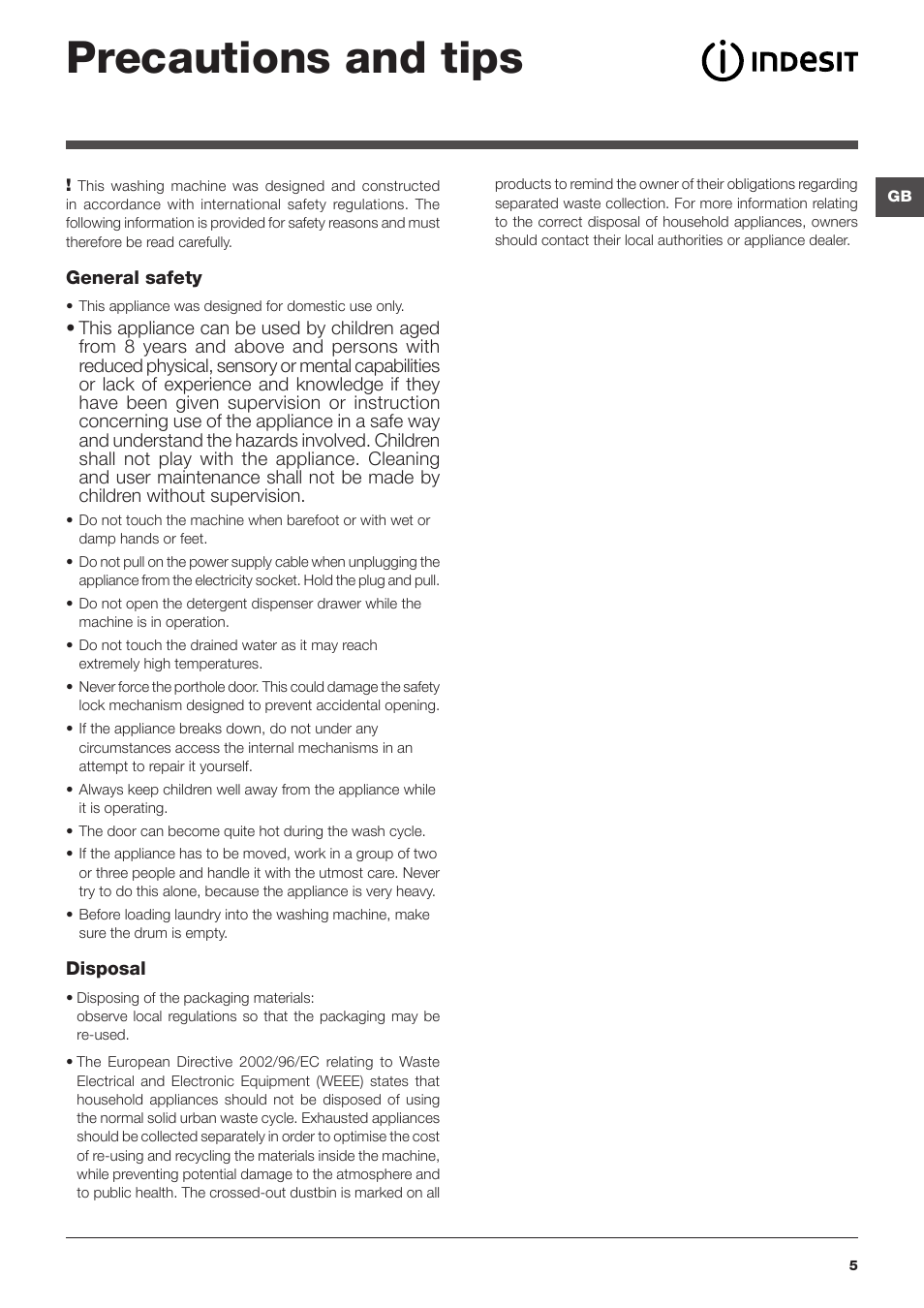 Precautions and tips | Indesit PWE 81672 W User Manual | Page 5 / 48