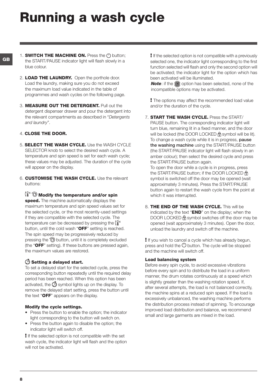 Running a wash cycle | Indesit PWE 81672 W User Manual | Page 8 / 48