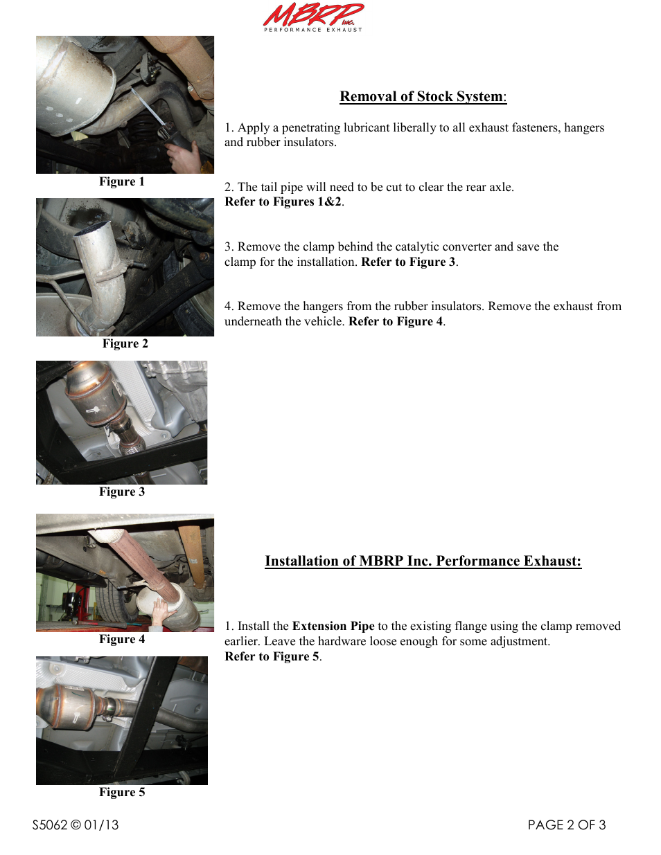 Removal of stock system, Installation of mbrp inc. performance exhaust | MBRP S5062 User Manual | Page 2 / 3