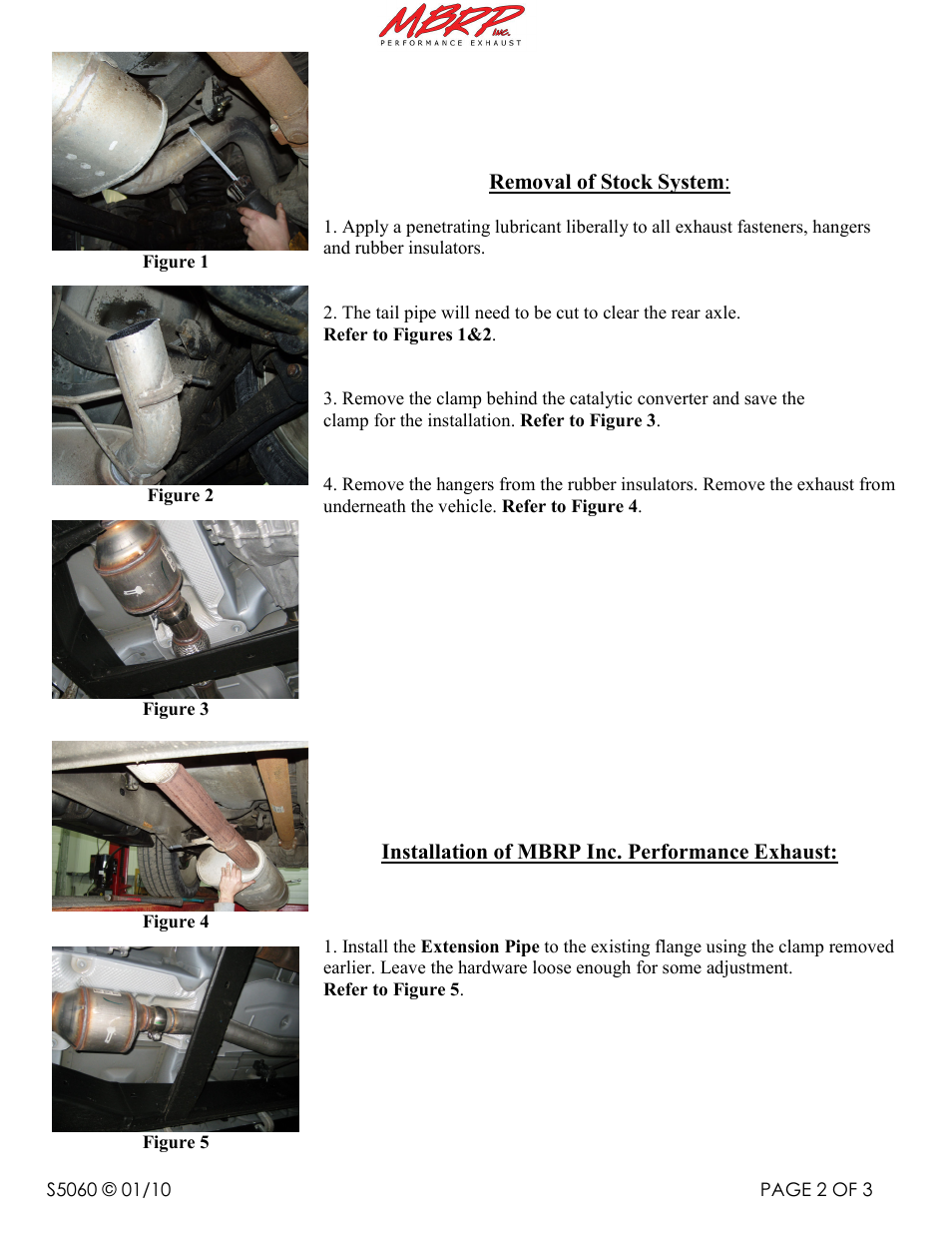 Removal of stock system, Installation of mbrp inc. performance exhaust | MBRP S5060 User Manual | Page 2 / 3