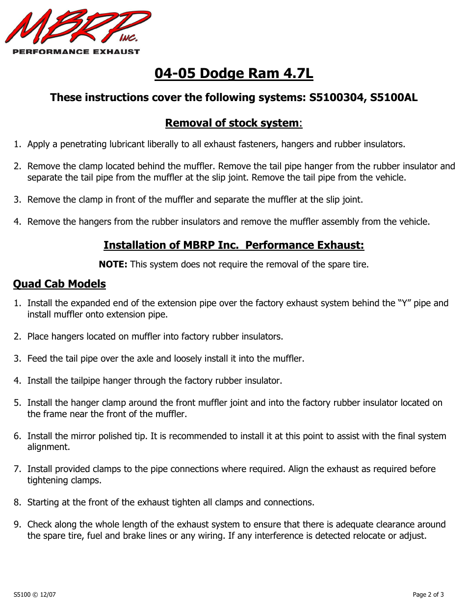 05 dodge ram 4.7l, Installation of mbrp inc. performance exhaust, Quad cab models | MBRP S5100 User Manual | Page 2 / 3