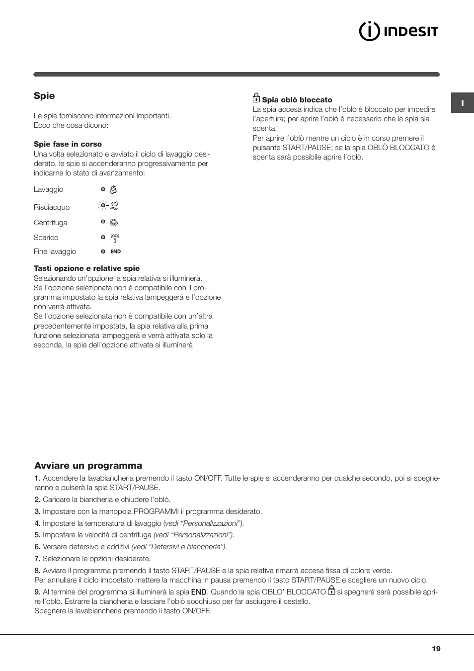 Spie, Avviare un programma | Indesit IWUD 4125 User Manual | Page 19 / 84