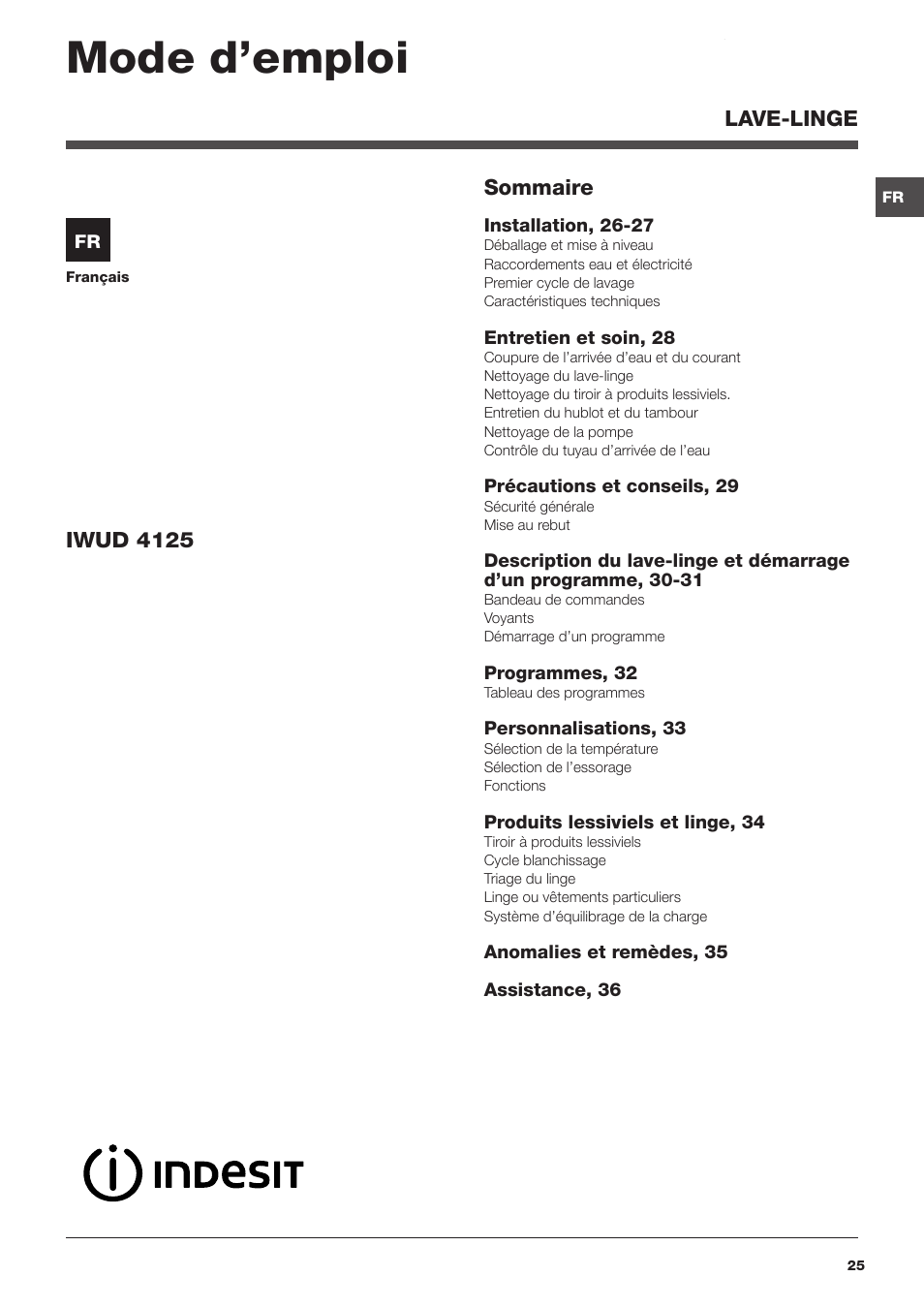 Mode d’emploi | Indesit IWUD 4125 User Manual | Page 25 / 84