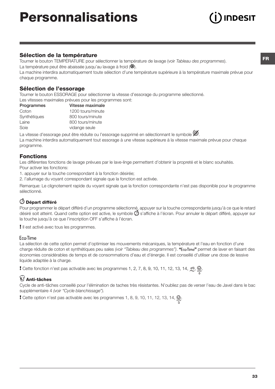 Personnalisations | Indesit IWUD 4125 User Manual | Page 33 / 84