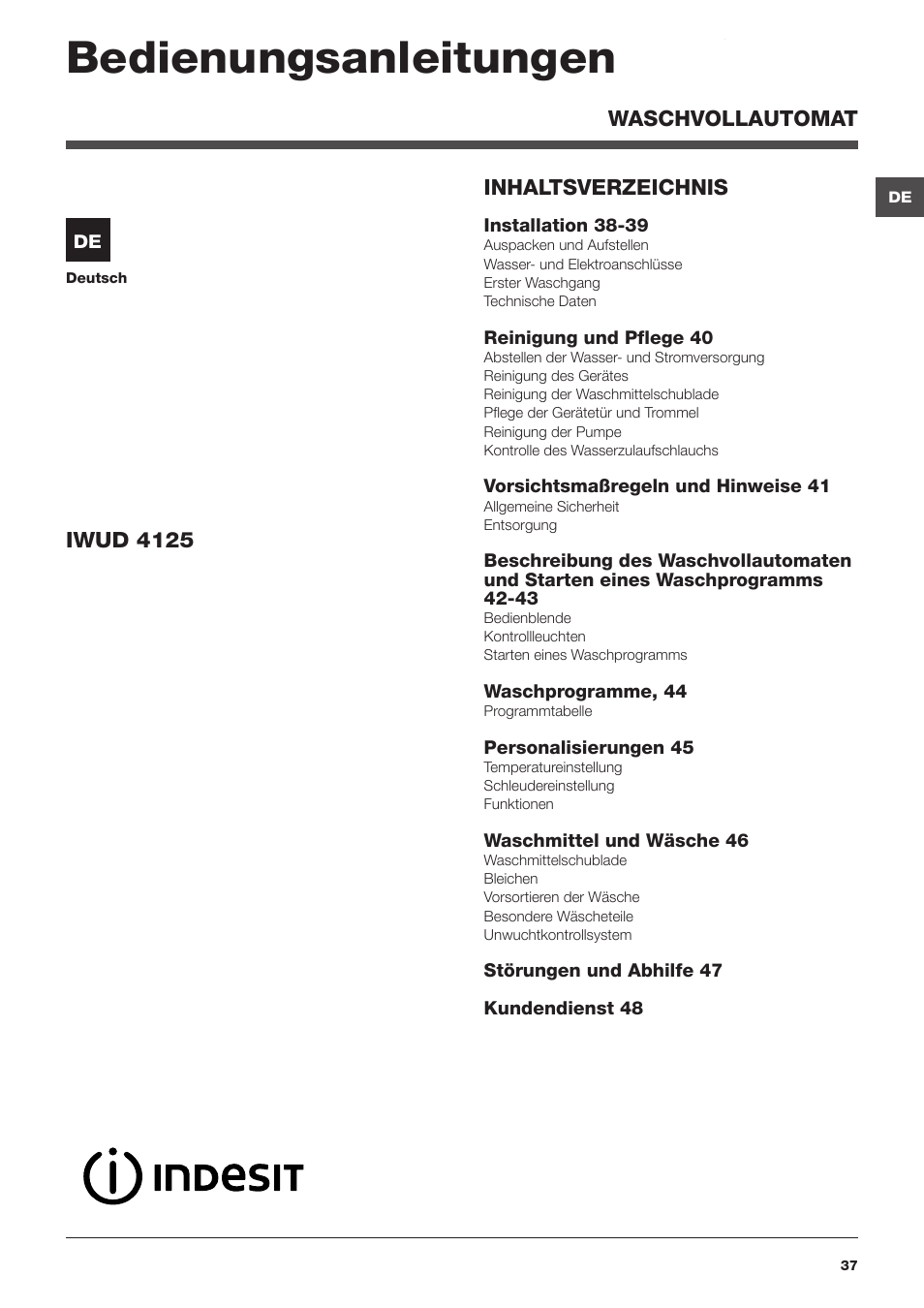 Bedienungsanleitungen | Indesit IWUD 4125 User Manual | Page 37 / 84