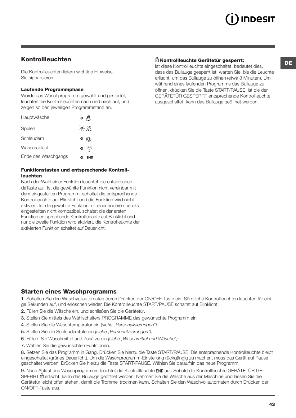 Kontrollleuchten, Starten eines waschprogramms | Indesit IWUD 4125 User Manual | Page 43 / 84