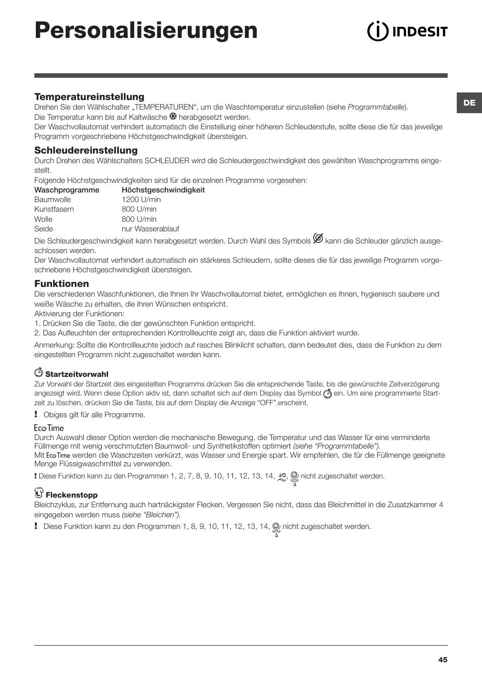 Personalisierungen | Indesit IWUD 4125 User Manual | Page 45 / 84
