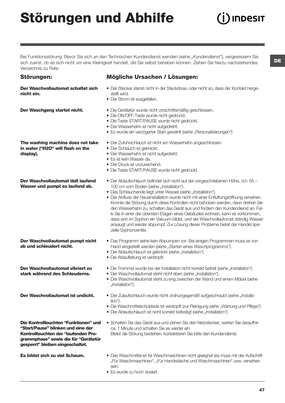 Störungen und abhilfe | Indesit IWUD 4125 User Manual | Page 47 / 84