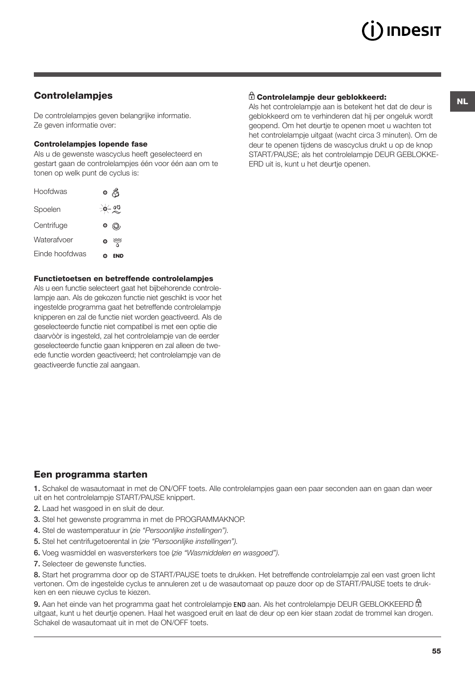 Controlelampjes, Een programma starten | Indesit IWUD 4125 User Manual | Page 55 / 84