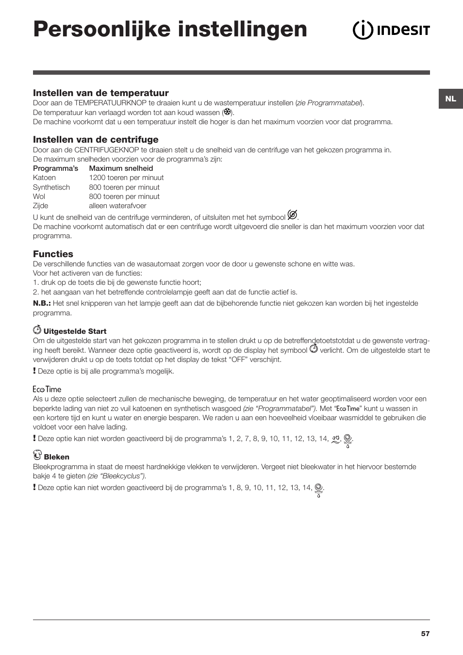 Persoonlijke instellingen | Indesit IWUD 4125 User Manual | Page 57 / 84