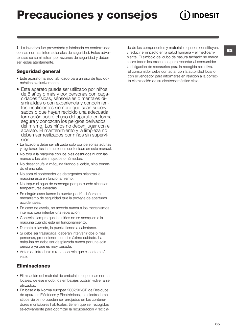 Precauciones y consejos | Indesit IWUD 4125 User Manual | Page 65 / 84