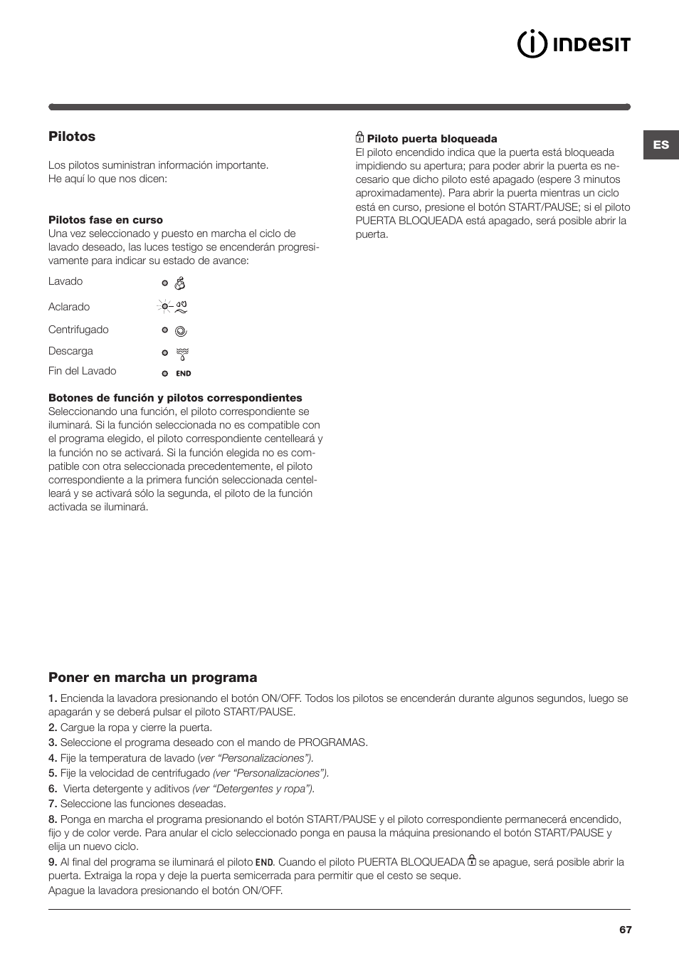 Pilotos, Poner en marcha un programa | Indesit IWUD 4125 User Manual | Page 67 / 84