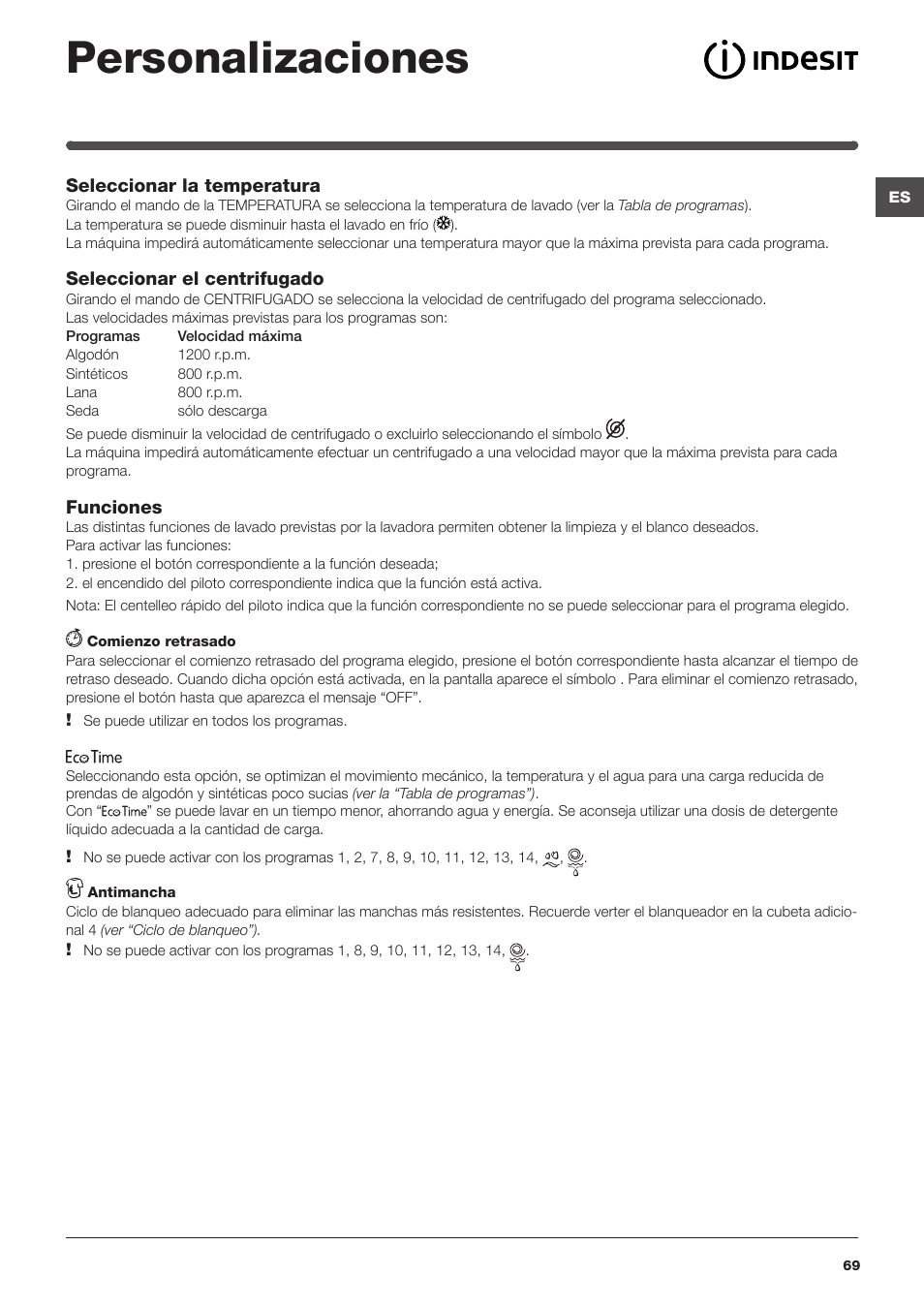 Personalizaciones | Indesit IWUD 4125 User Manual | Page 69 / 84